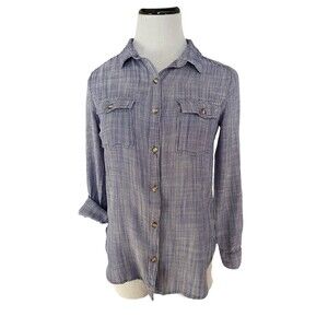 Womens Lightweight Button Down Shirt Size S Blue Stripe Roll Tab Sleeves Coastal